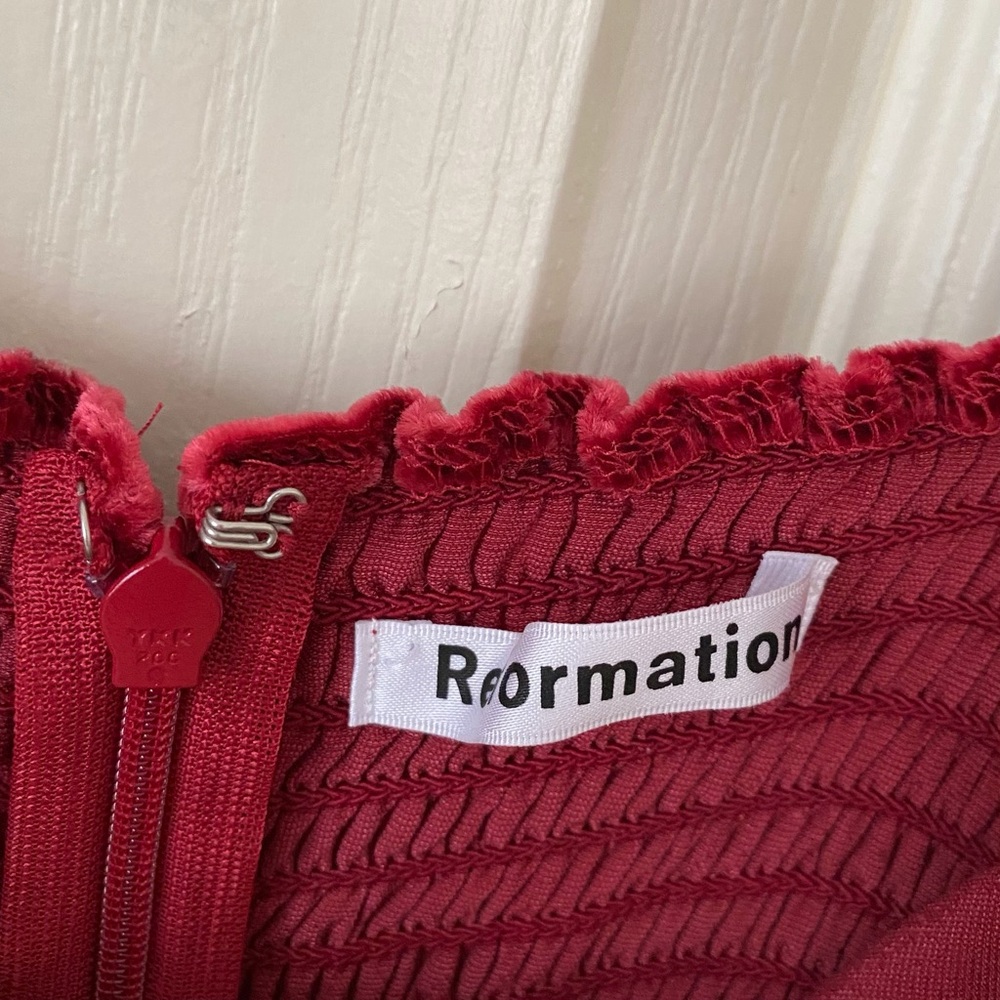 $218 Reformation Red Velvet Ruffle Hem Smocked Back Sleeveless Mini Dress Sz 10 - Picture 11 of 12